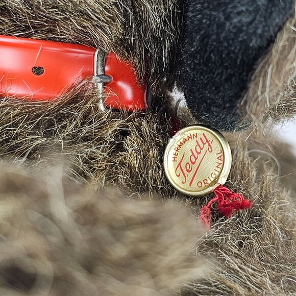 Vintage Hermann Teddy Original Plush Dog With Red Collar Brown Stuffed Animal - Picture 3 of 9